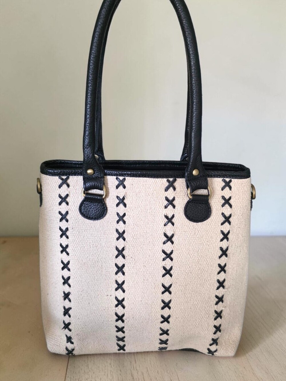 Canvas Leather Tote Bag Made in India Black Cream Whipstitch Shoulder Bag unique